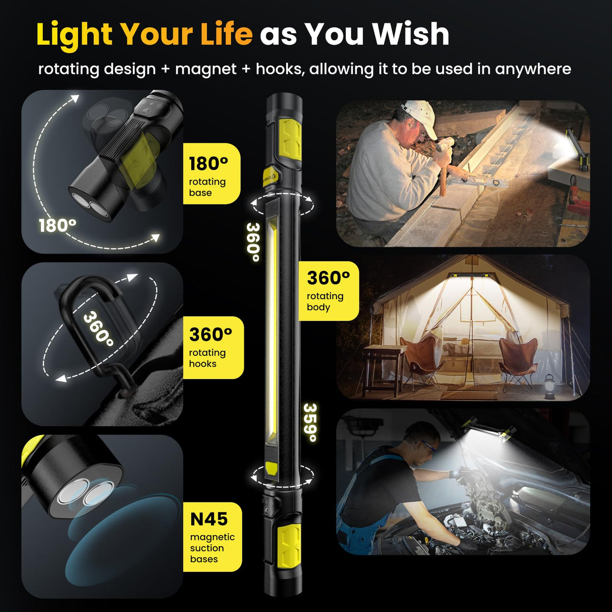 EToolab Work Light features magnets and hooks for flexible mounting and rotation.