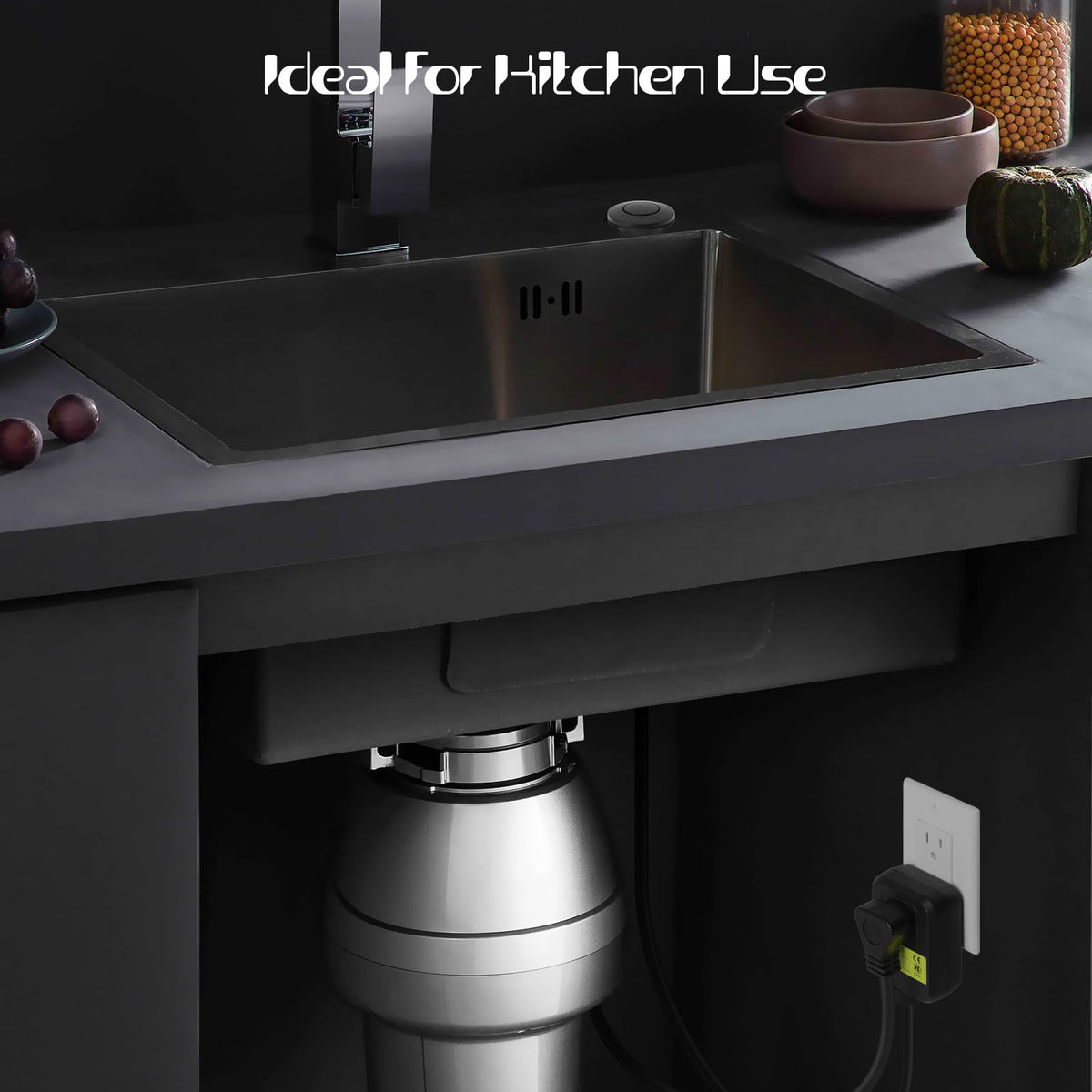 Etoolcity black stainless air switch complements modern kitchen aesthetics.