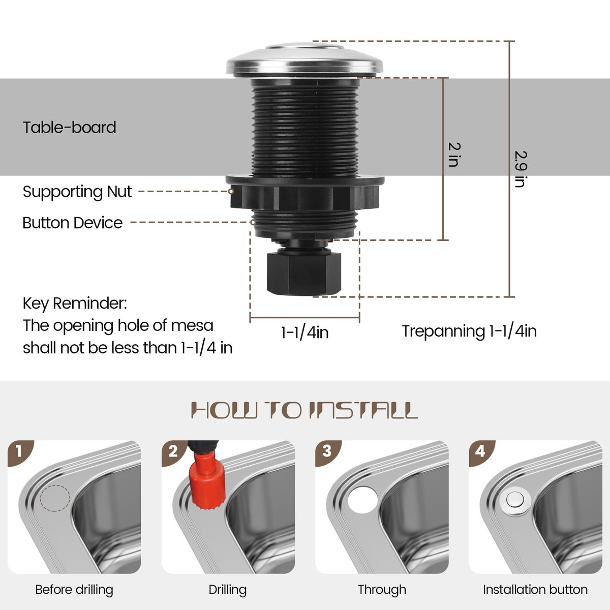 EToolcity stainless-steel air switch button closeup showing durable finish
