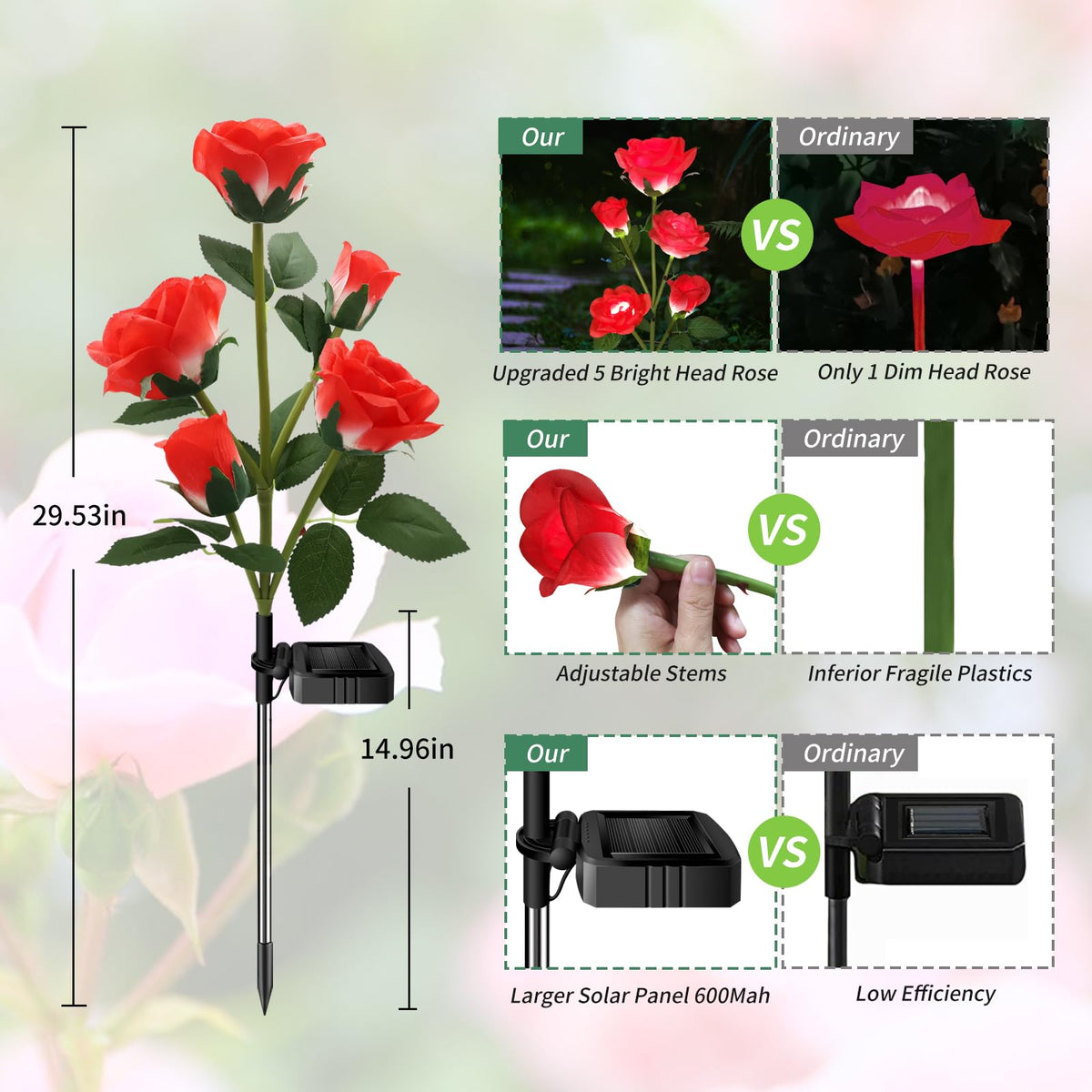 Etre Jeune solar rose lights close-up of five-headed stems for lifelike detail