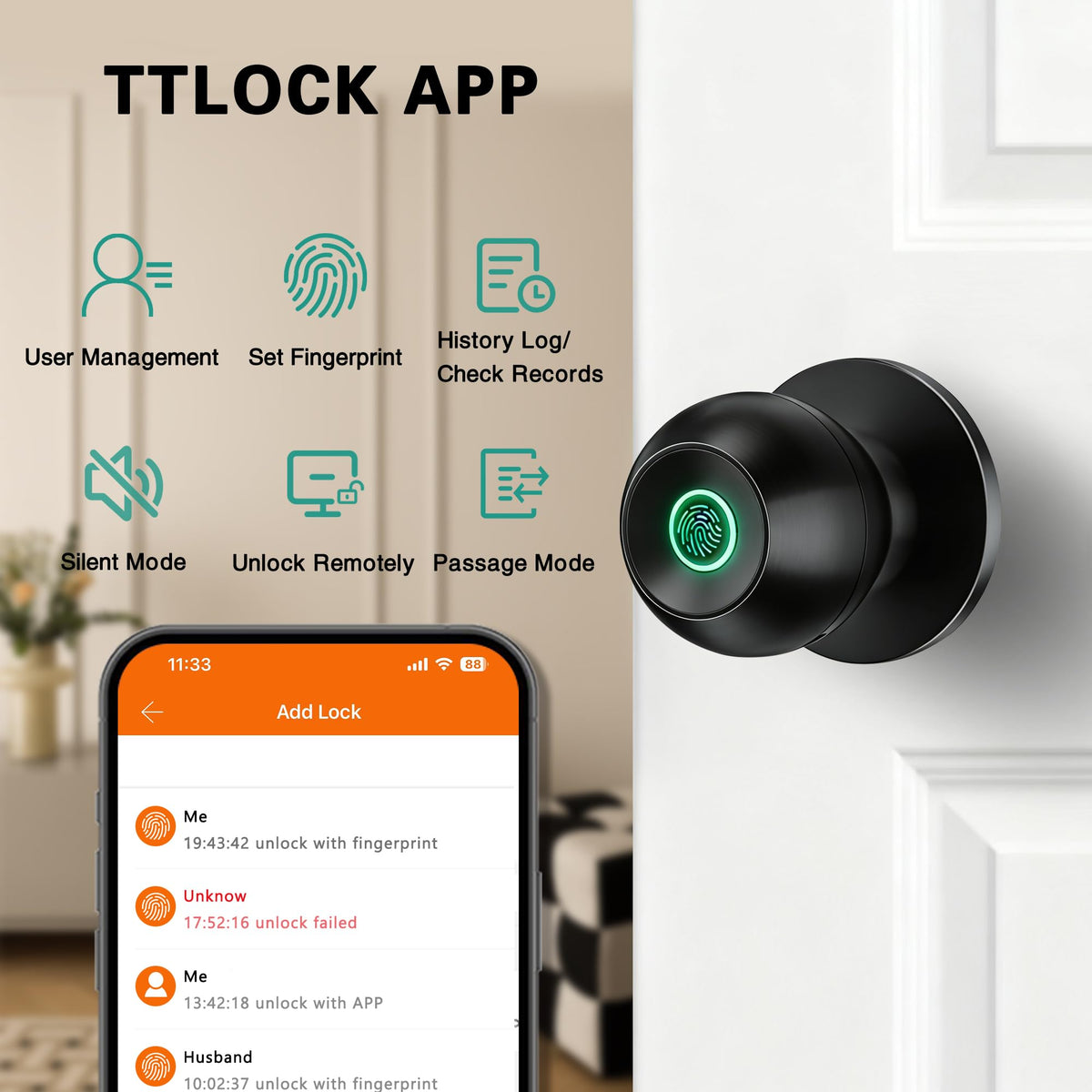 EUERTE biometric knob stores fingerprints locally for privacy and quick unlocks.