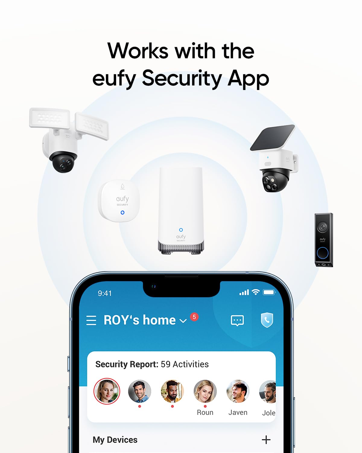 eufy Security app dashboard for alerts and battery status