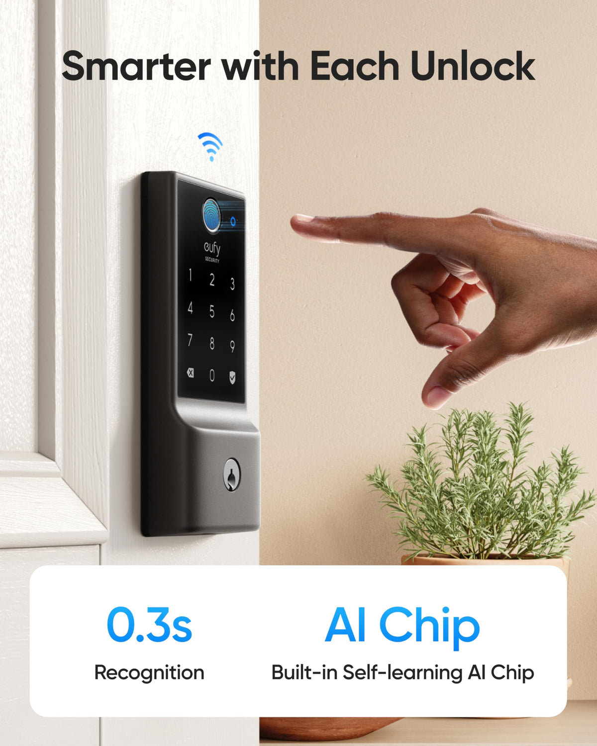 eufy Security Smart Lock fingerprint keypad close-up highlighting quick biometric access.