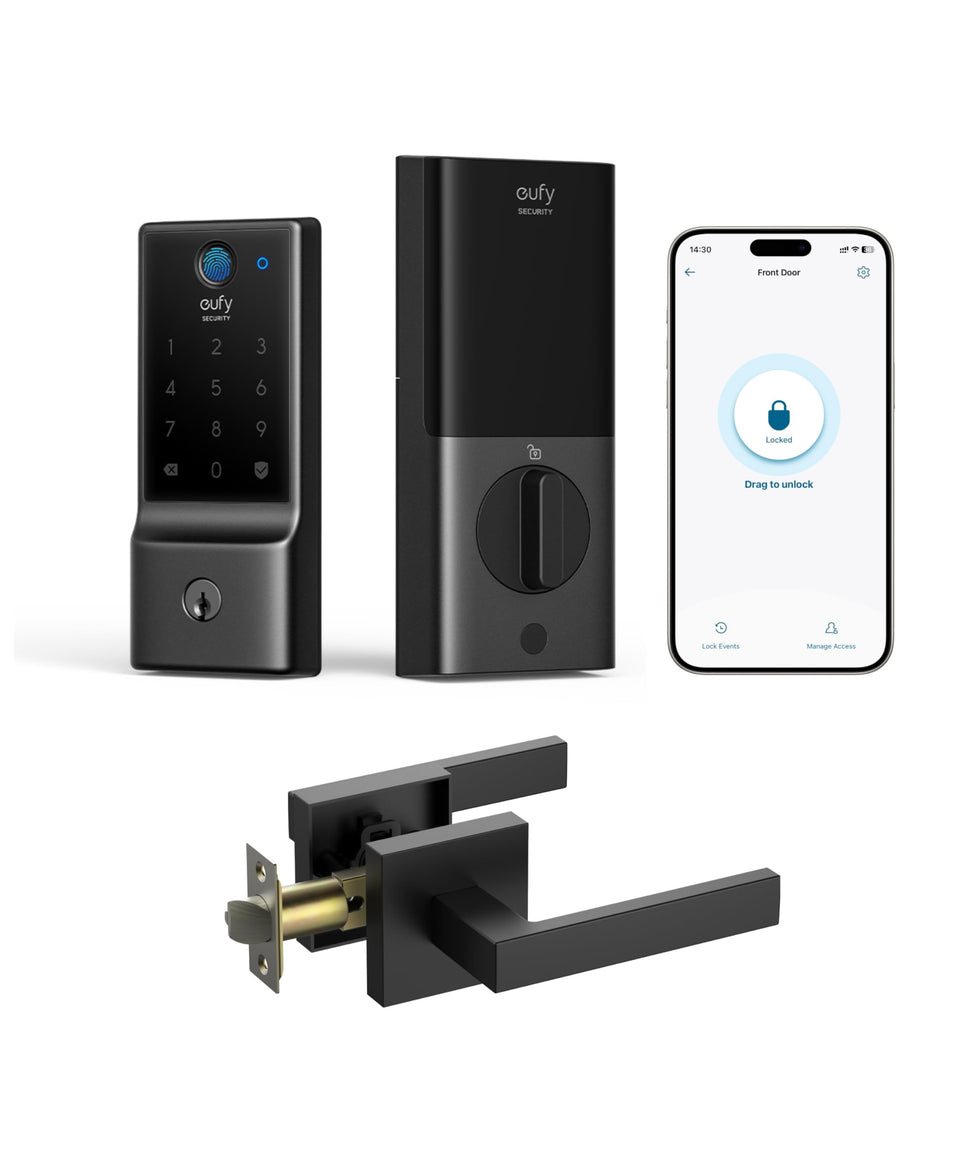 eufy Security Smart Lock front door lever close-up showing cohesive entry with keyless option.