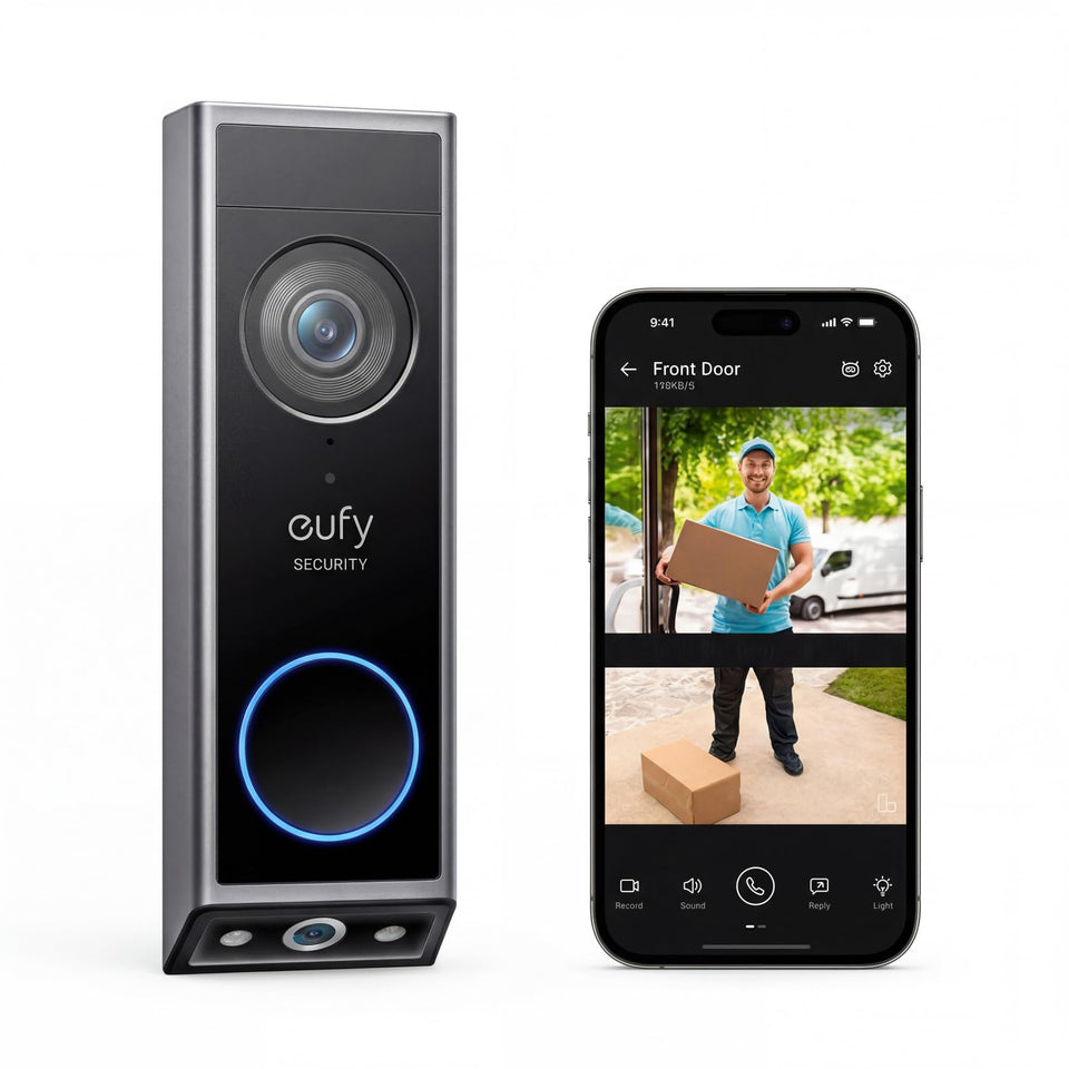 Eufy Security Video Doorbell E340 front camera view shows visitors clearly, head-to-toe.