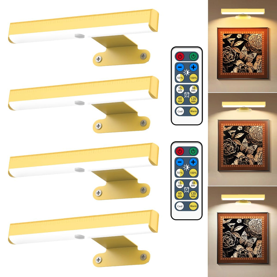 EUIOKUN 4Pack wireless picture lights with remote illuminate framed art evenly.