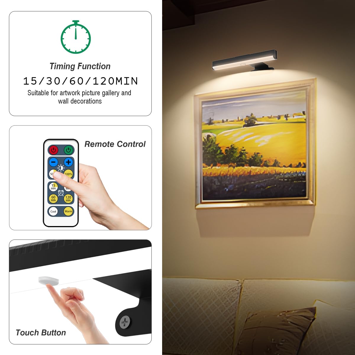 EUIOKUN wall-mounted wireless light installed above artwork