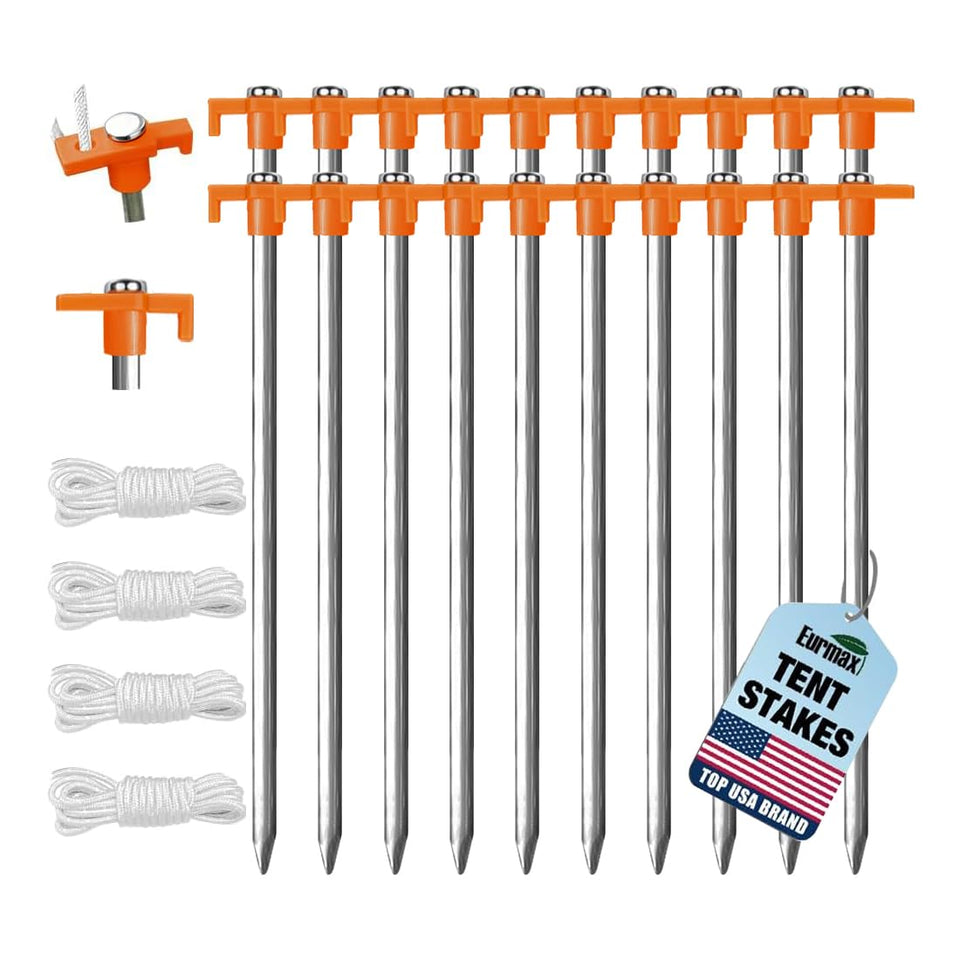 Eurmax 20-pack tent stakes provide sturdy canopy support in windy conditions.