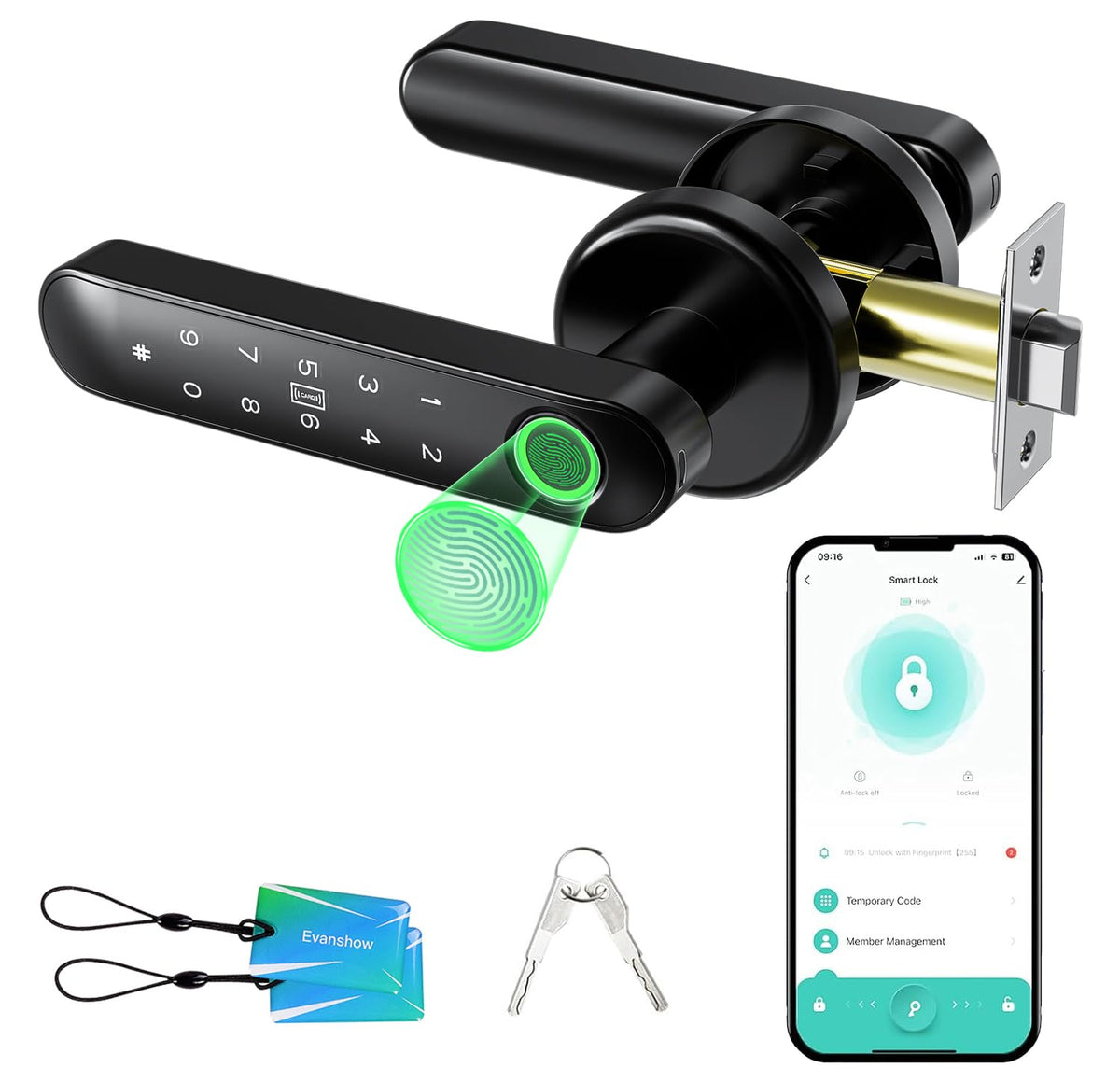 Evanshow fingerprint door lock front view, secure home entry.