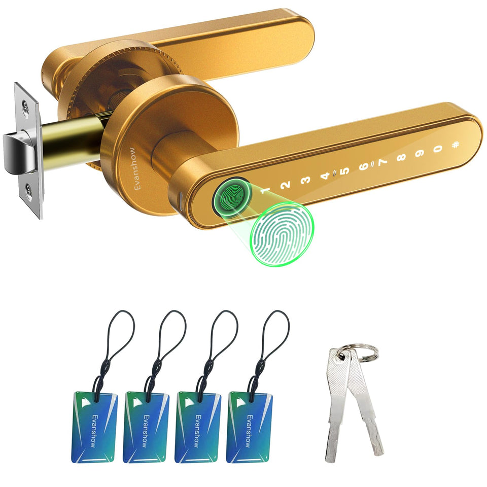 Evanshow fingerprint lock front view with gold finish for secure entry