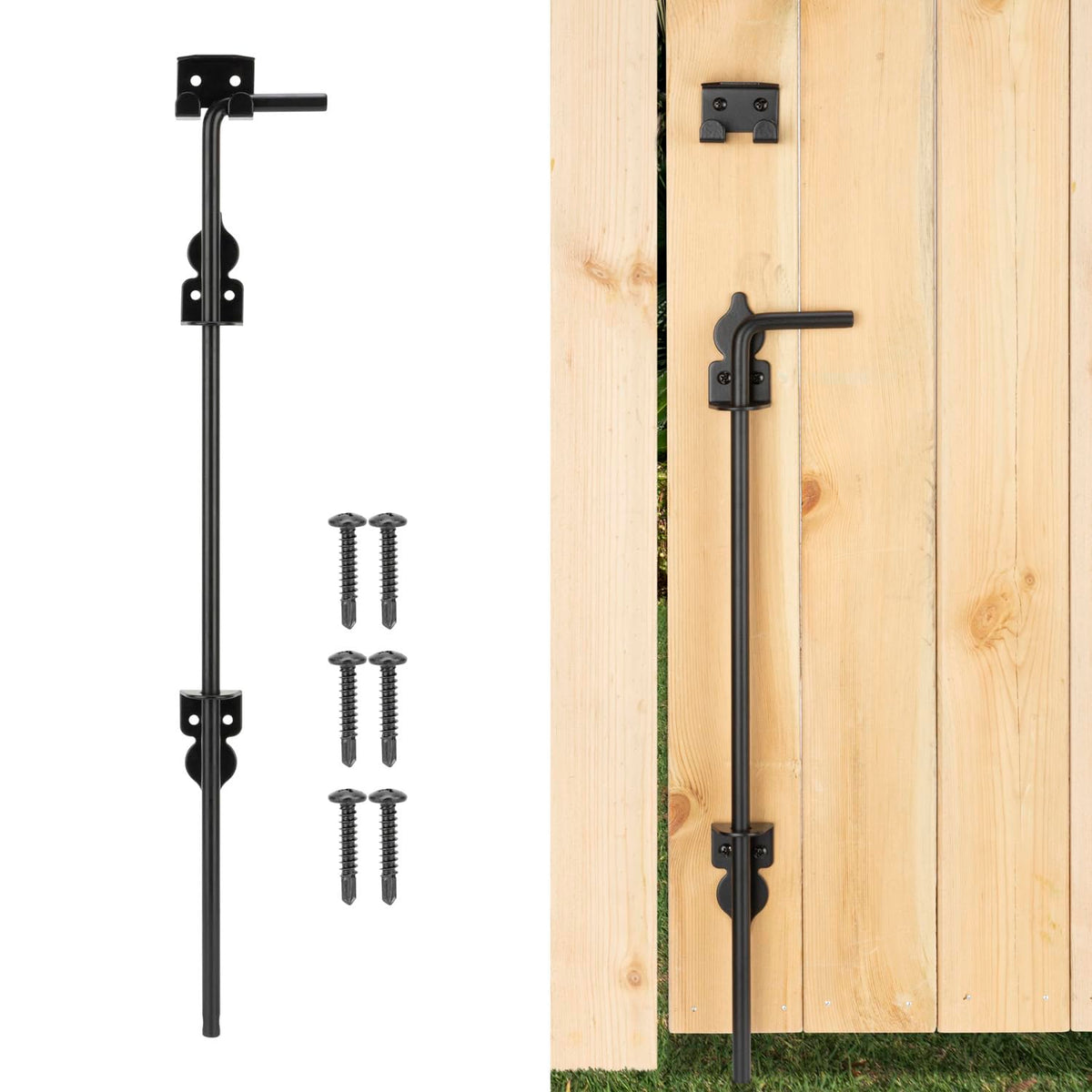EVCUHASL cane bolt 18inch installed on a wooden gate for secure alignment.