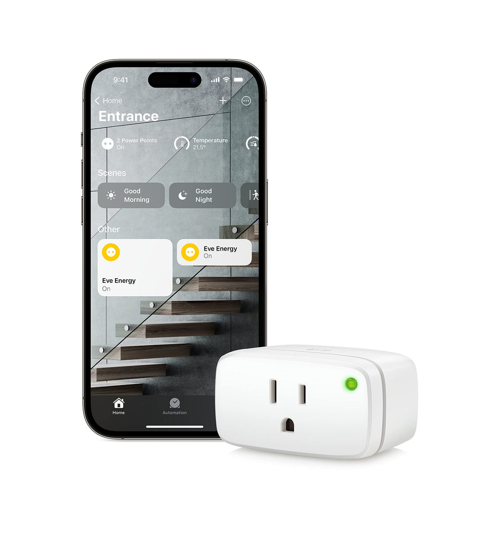 Eve Energy Matter smart plug power switch enables quick on/off control for lamps.