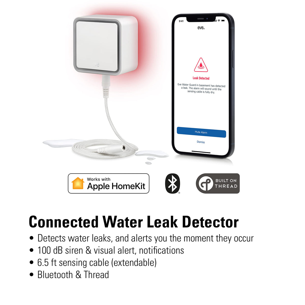 Eve Water Guard 100 dB siren delivers rapid audible alerts.