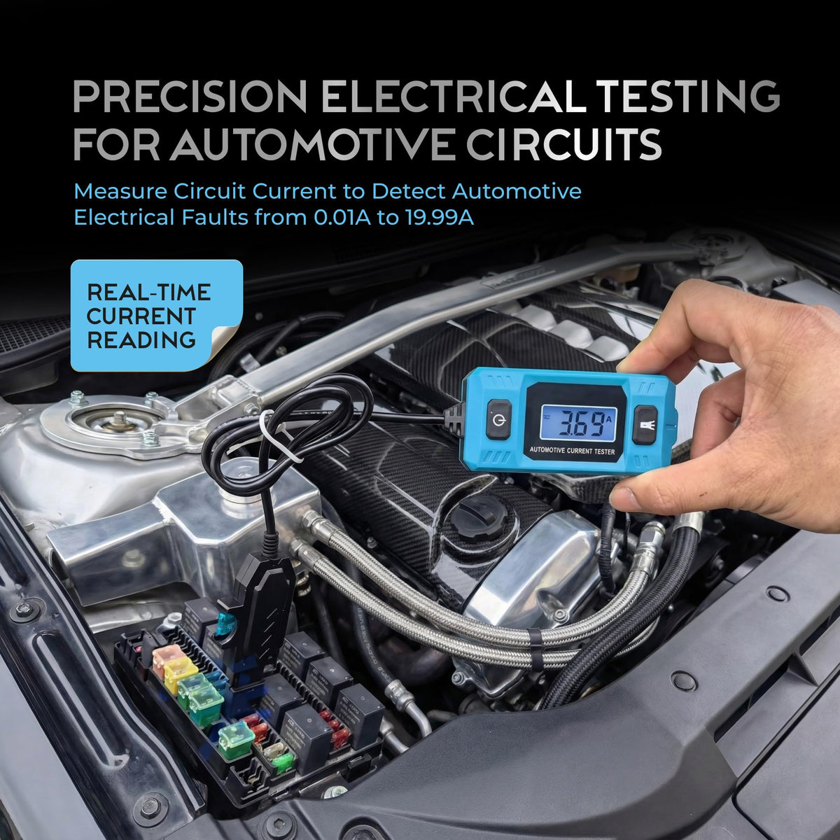 Eveco automotive current tester backlit display aids visibility in garages.