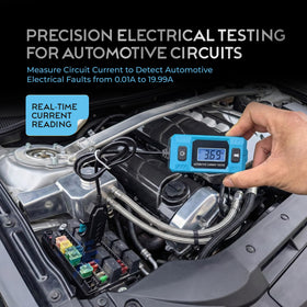 Eveco automotive current tester backlit display aids visibility in garages.