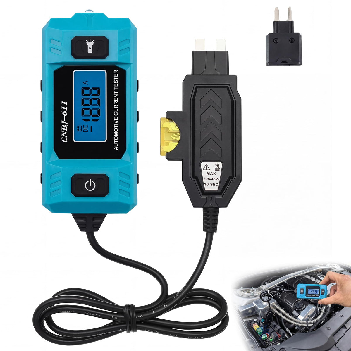 Eveco Circuit Fault Probe Tester display shows real-time current readings for quick diagnostics.