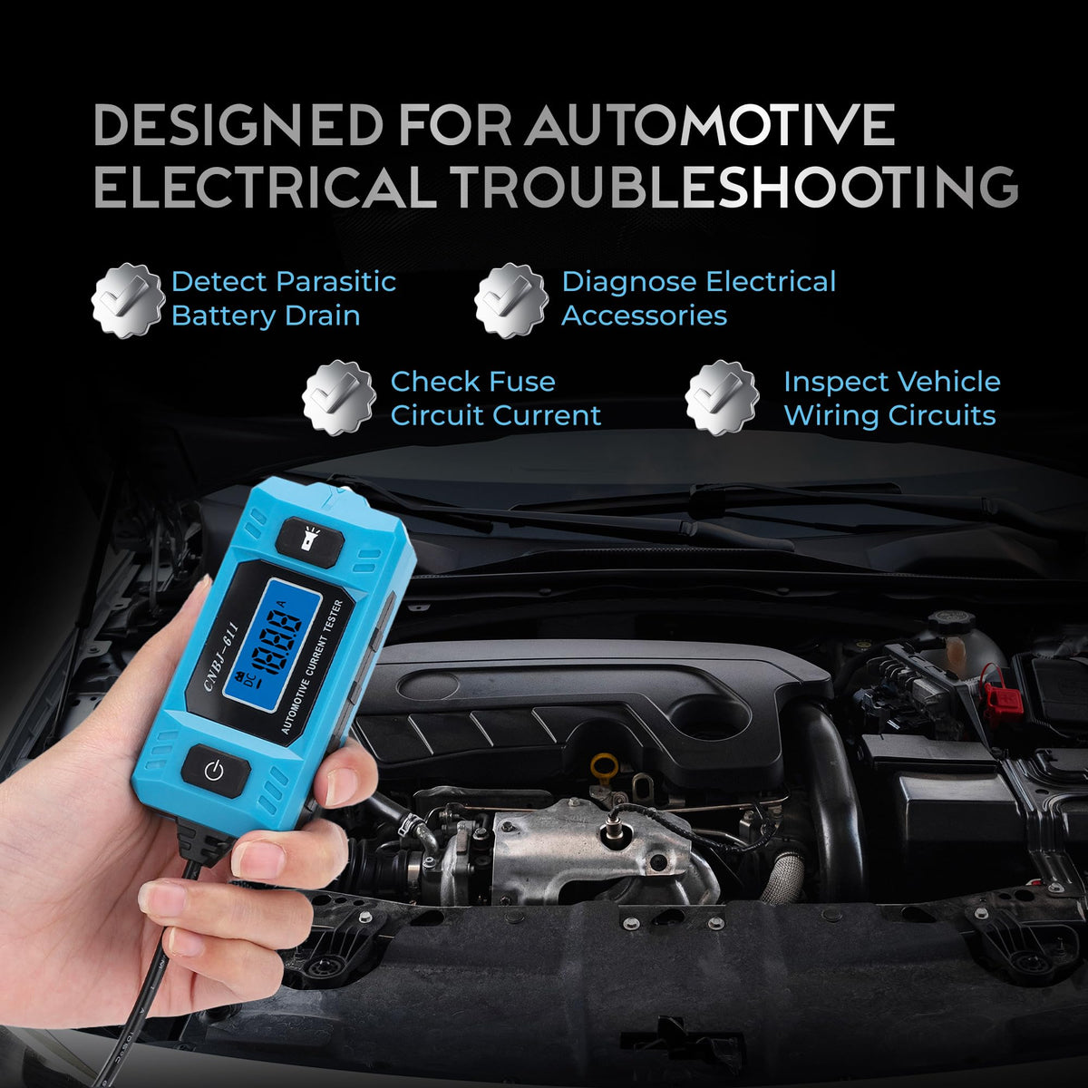 Eveco LED work light illuminates fuse boxes and engine bays for easier inspection.