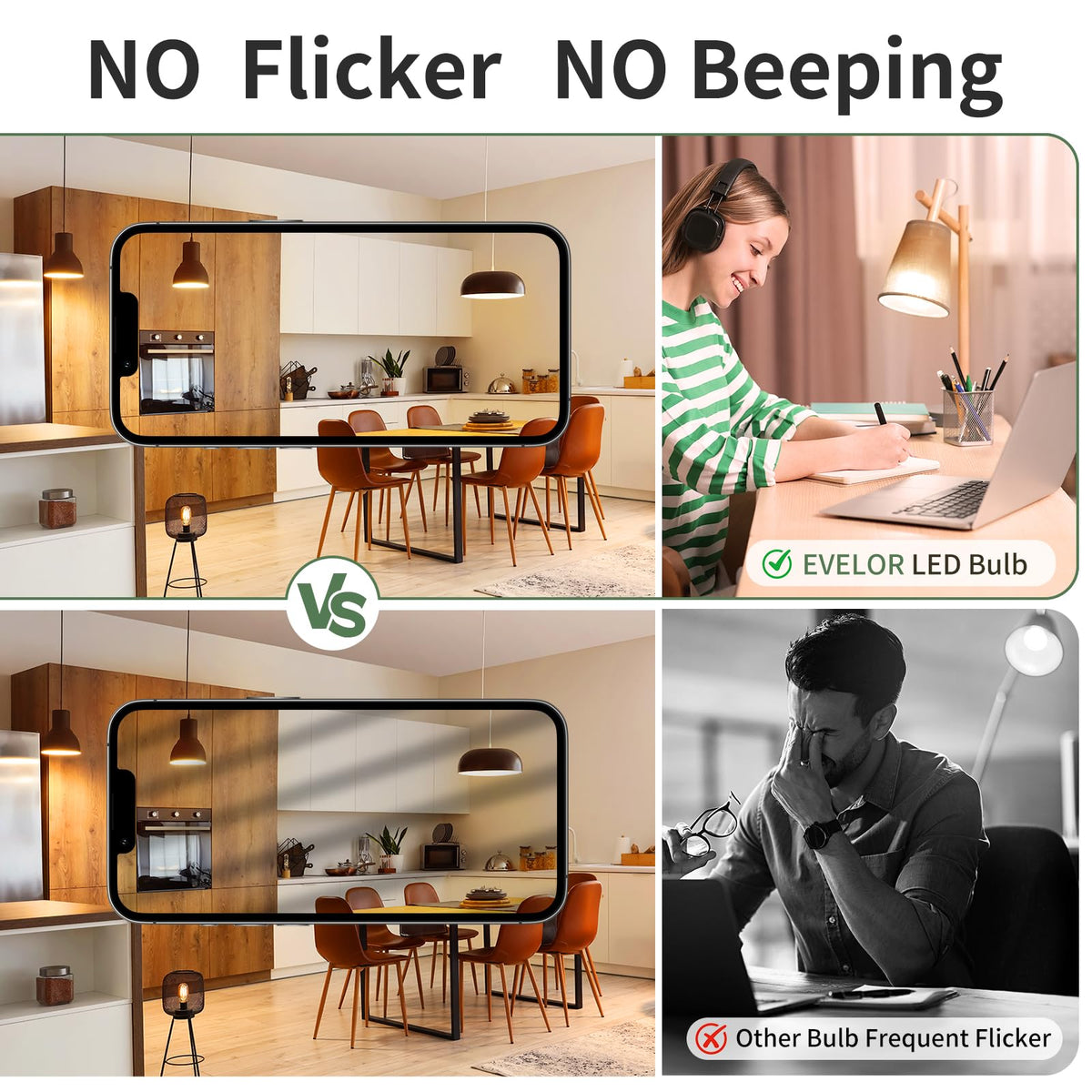 Evelor A19 no-flicker LED bulb delivers steady light for reading.