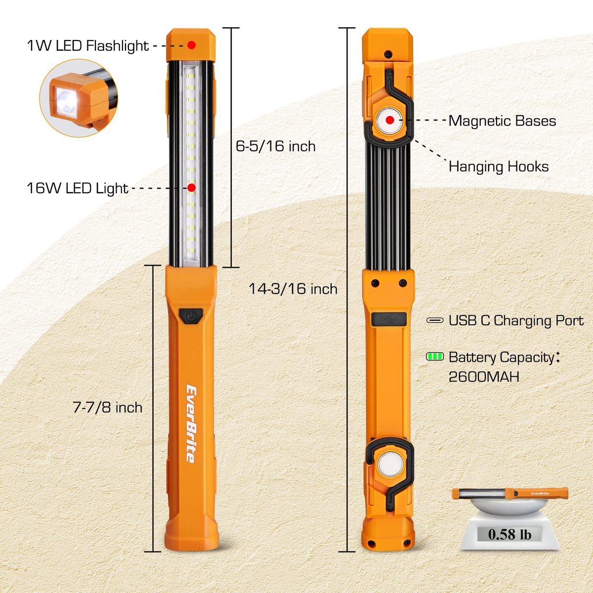 EverBrite 1000LM work light with dual magnetic bases provides hands-free mounting.