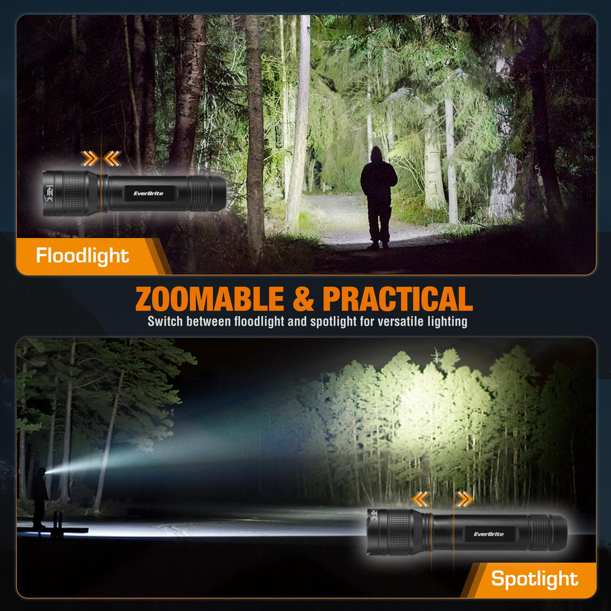 EverBrite 3000LM with zoomable head delivering focused spot and wide floodlight.