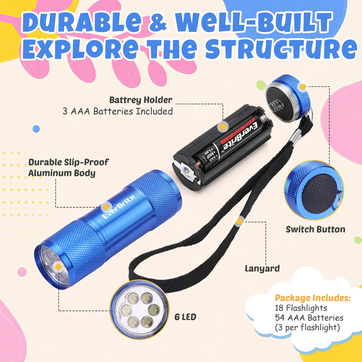EverBrite six-color mini flashlights highlight color variety for easy kit identification