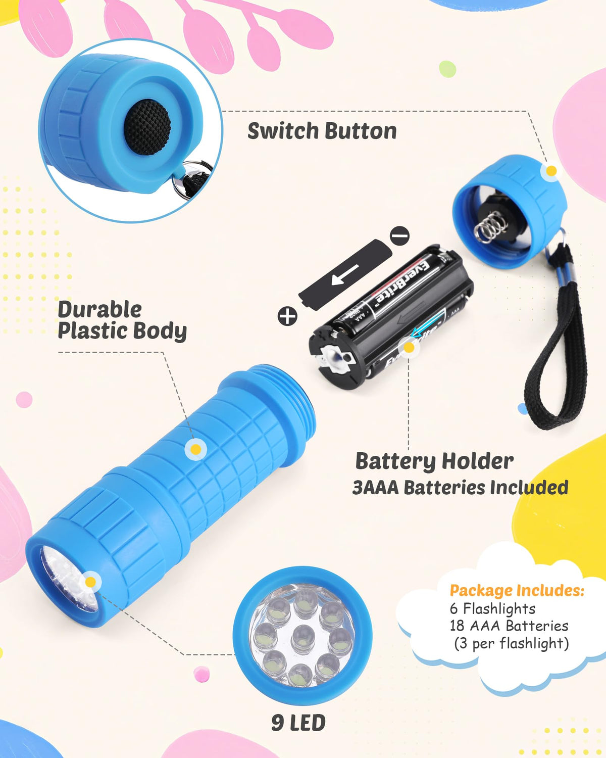 EverBrite teal 9-LED flashlight with lanyard for easy carrying outdoors.