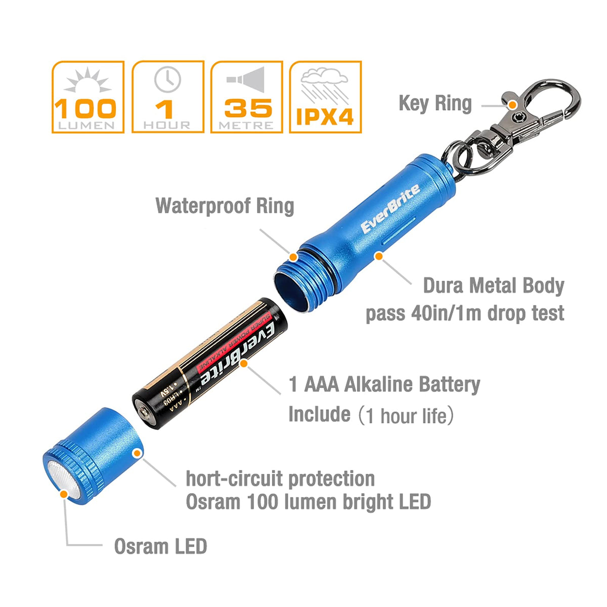 EverBrite keychain flashlight aircraft-grade aluminum body for durability