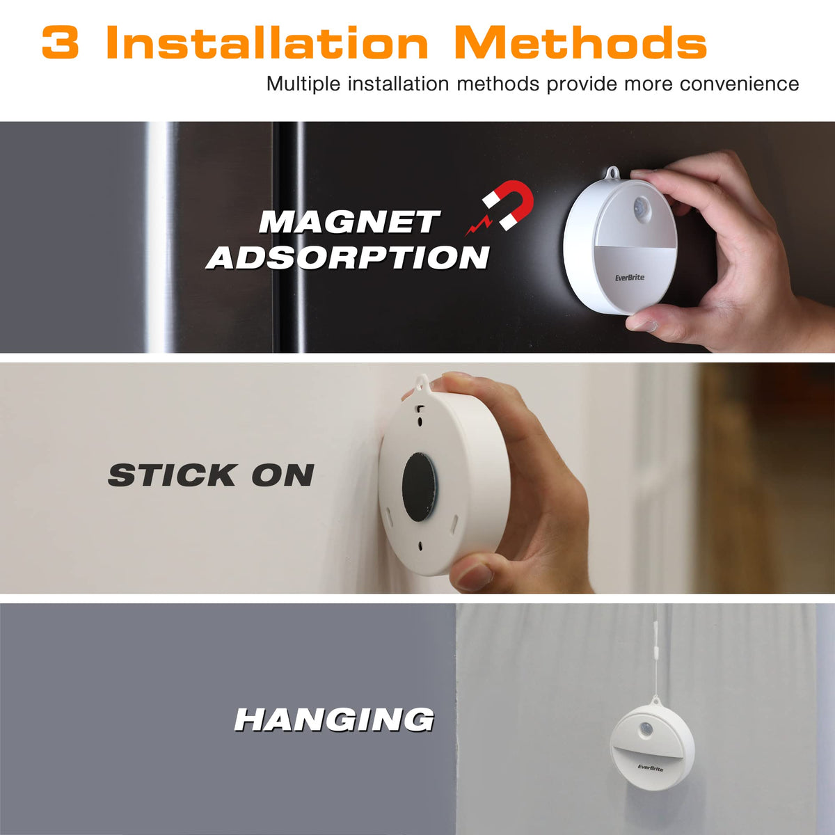 EverBrite compact magnetic night light mounts on iron surfaces for flexible placement.