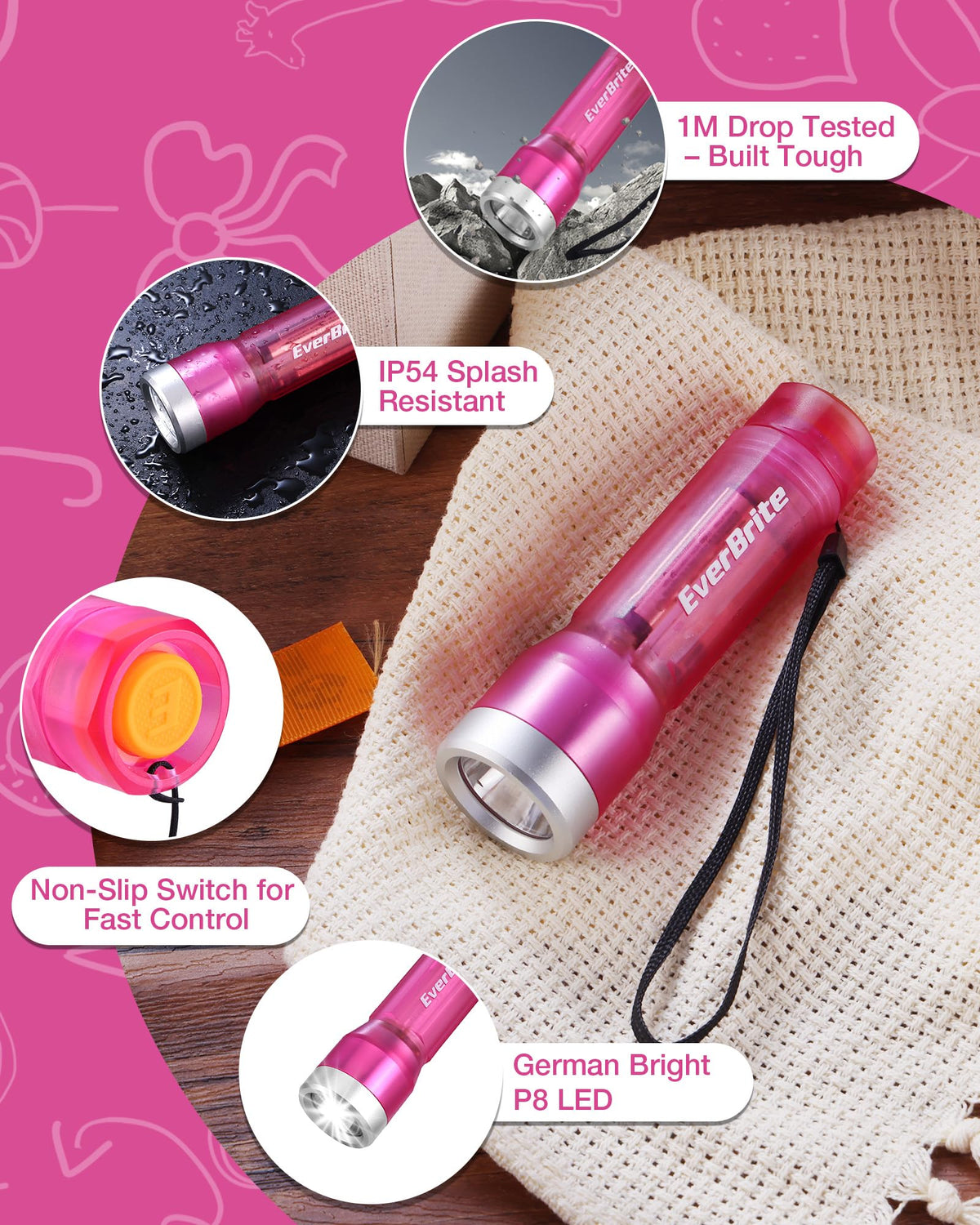 EverBrite flashlight with non-slip grip and lanyard hole for secure handling.
