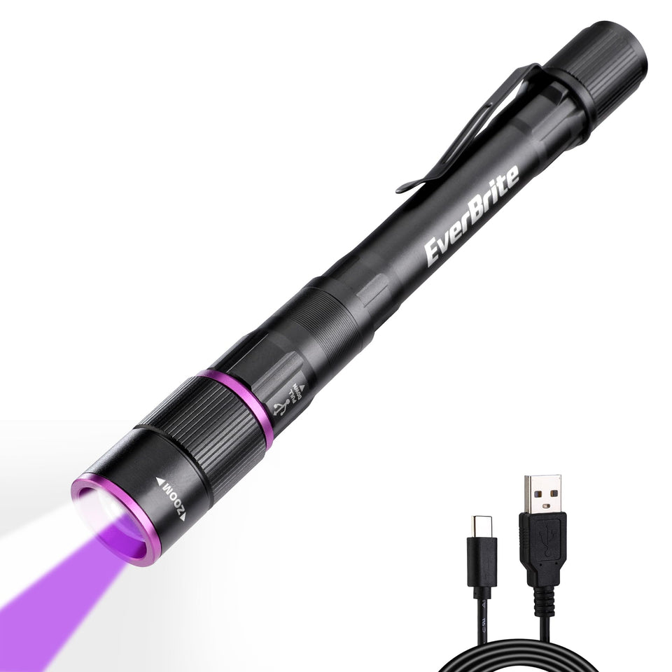 EverBrite UV flashlight reveals hidden stains with 395nm for pet care and DIY.