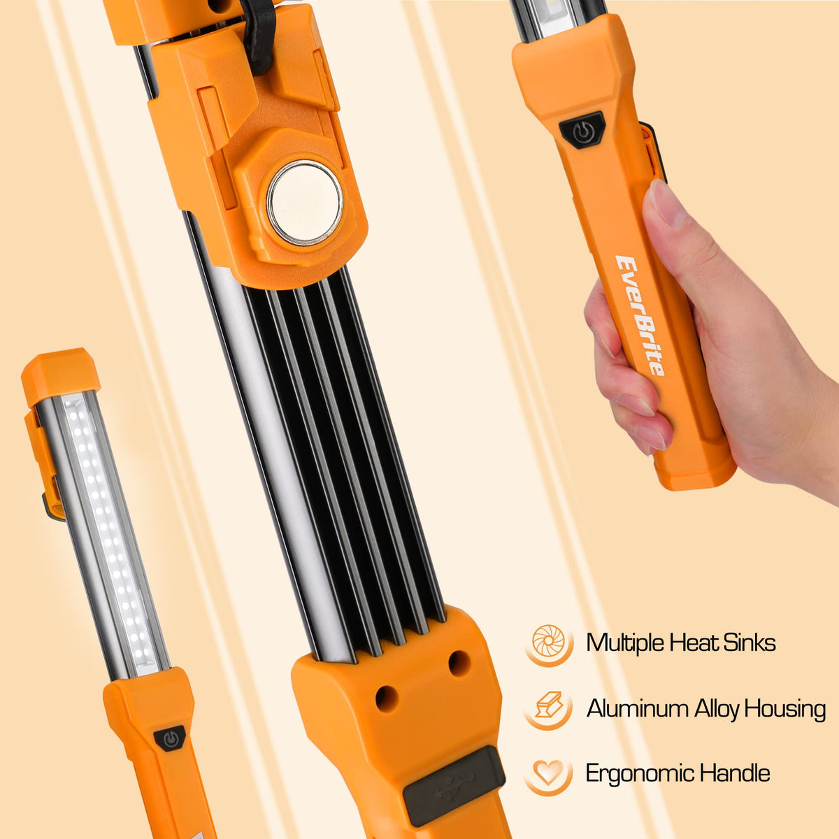 EverBrite work light with hanging hooks enables vertical or horizontal placement.