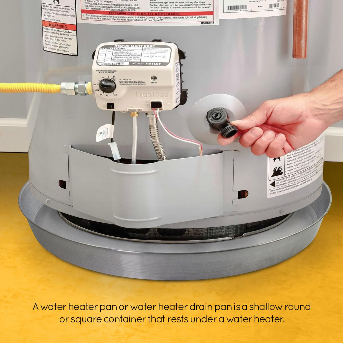 Everflow drain pan includes PVC fitting for quick setup and secure drainage