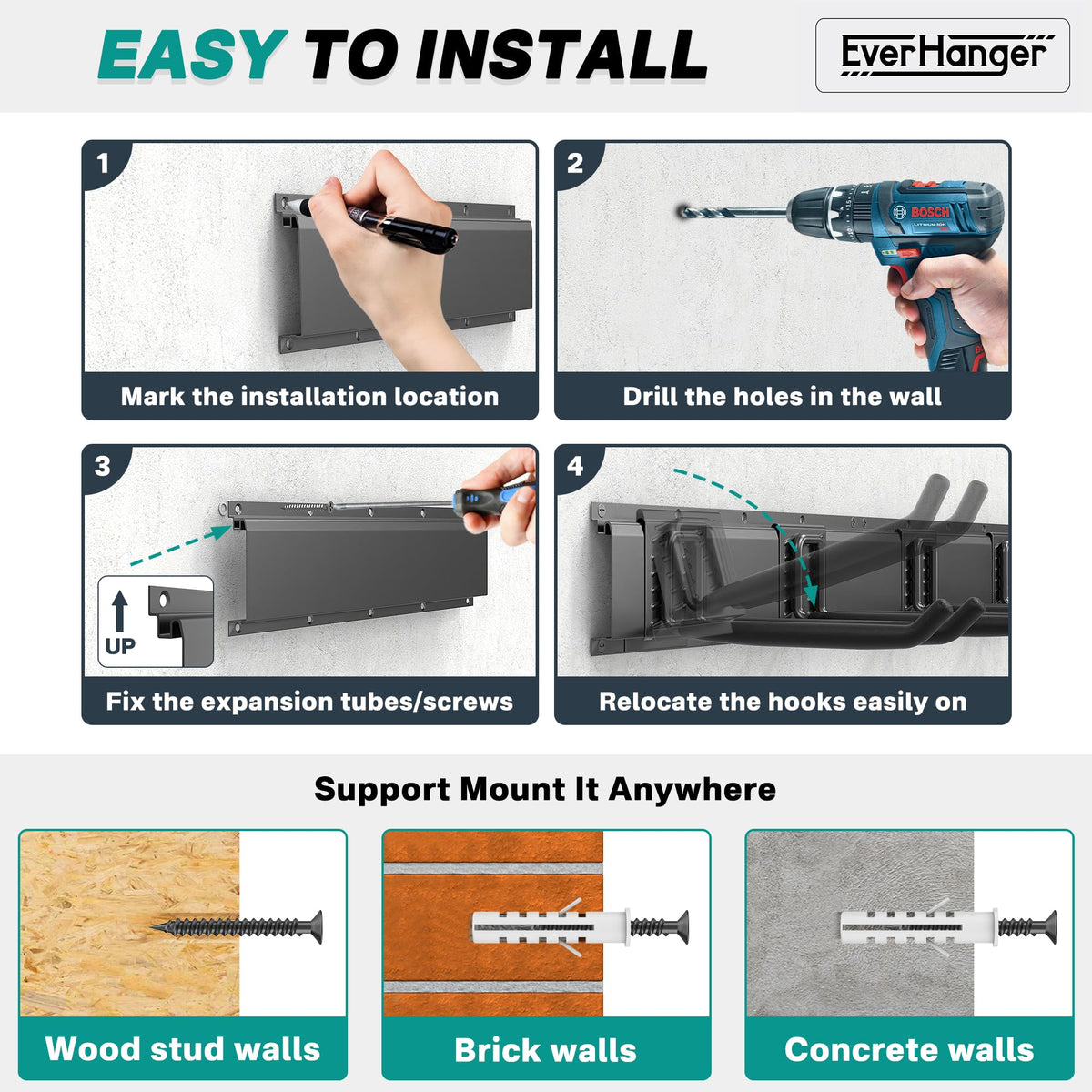 EverHANGER organized workspace shows efficient tool storage on a wall rack.