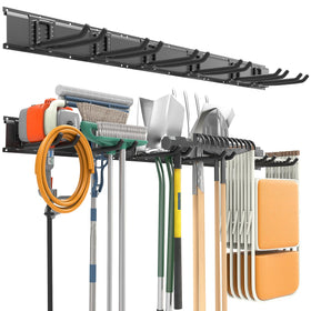 EverHANGER garage tool storage rail with adjustable hooks for versatile organization.