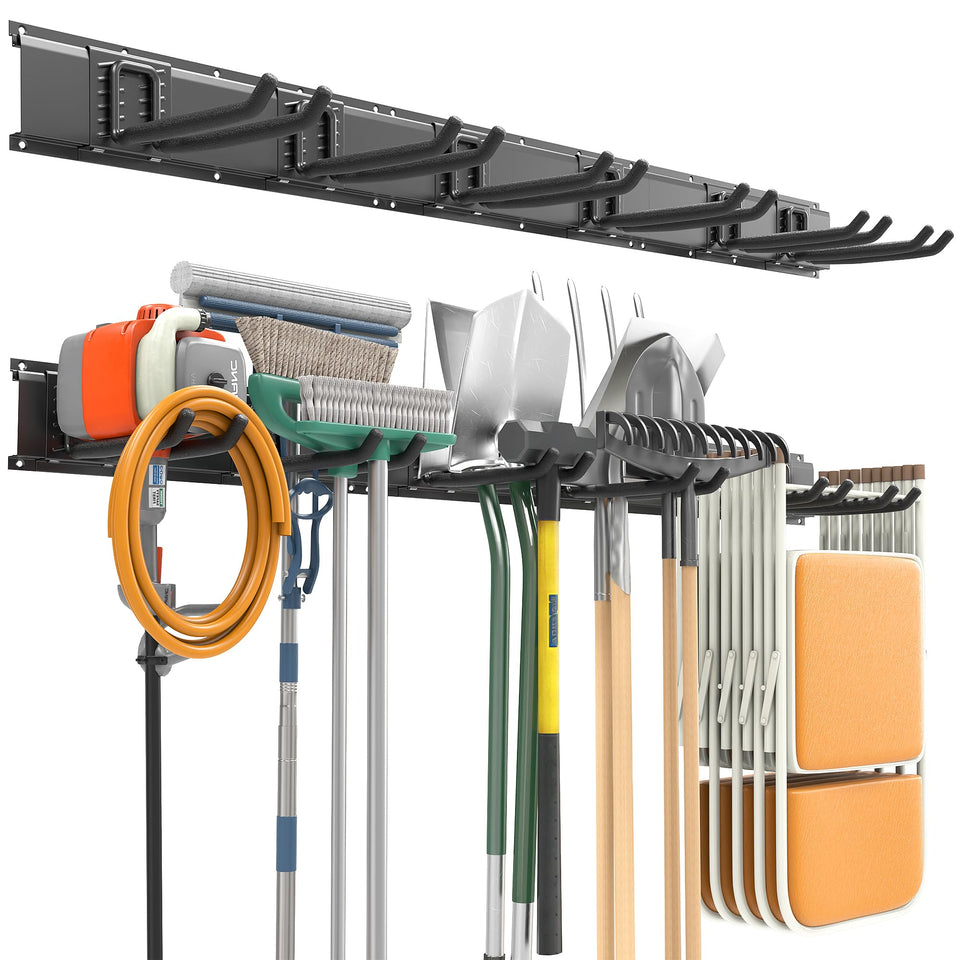 EverHANGER garage tool storage rail with adjustable hooks for versatile organization.