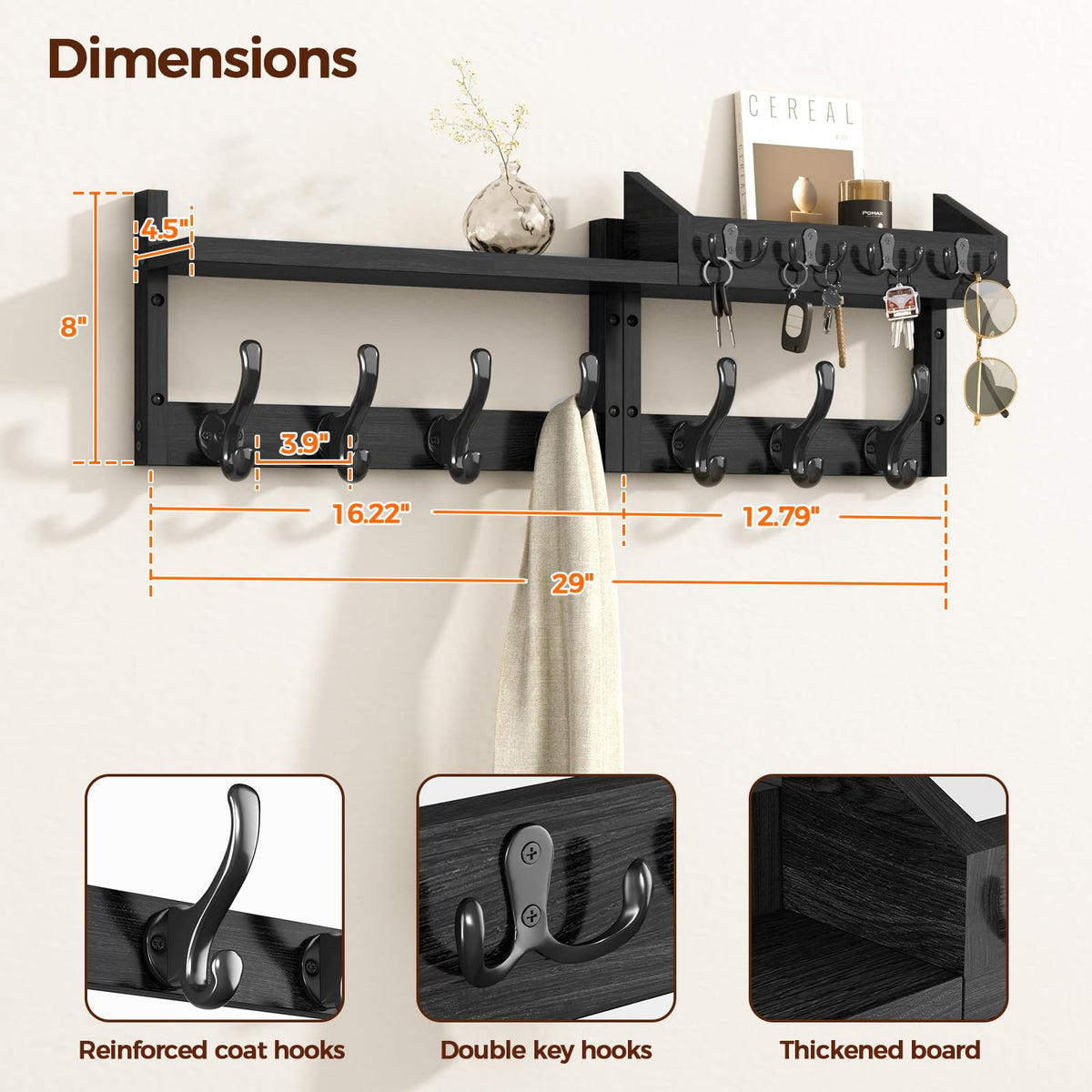 Evermagin wall coat rack with 11 hooks for keys and outerwear