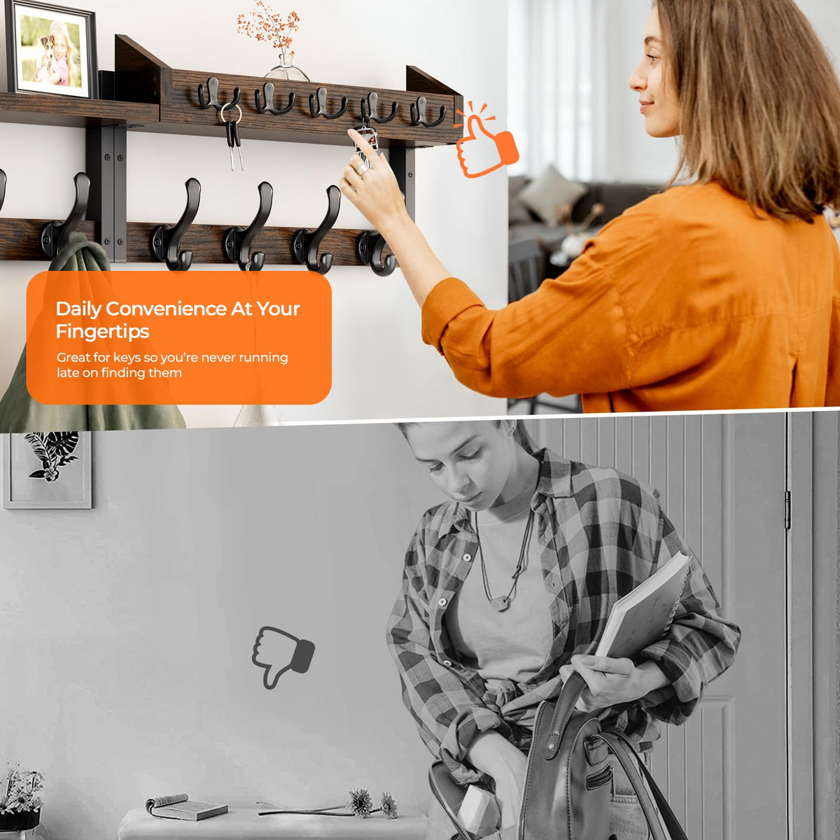 Evermagin wall mount shelf with key hooks for convenience.
