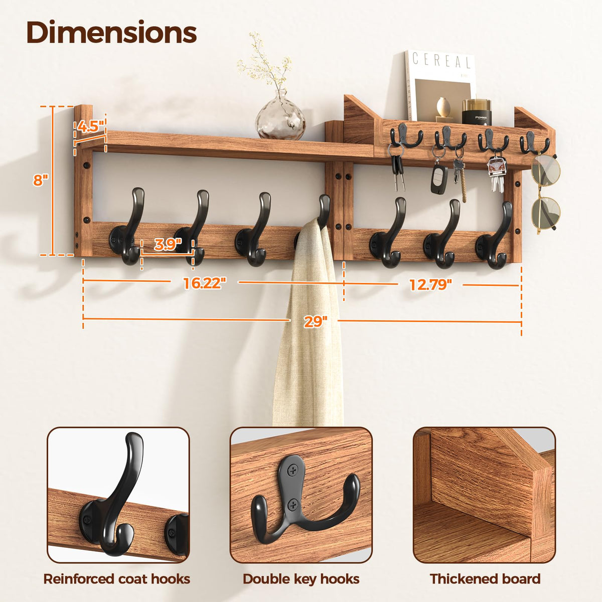 Evermagin wall-mounted coat rack with shelf showcases four-in-one storage for keys and mail.