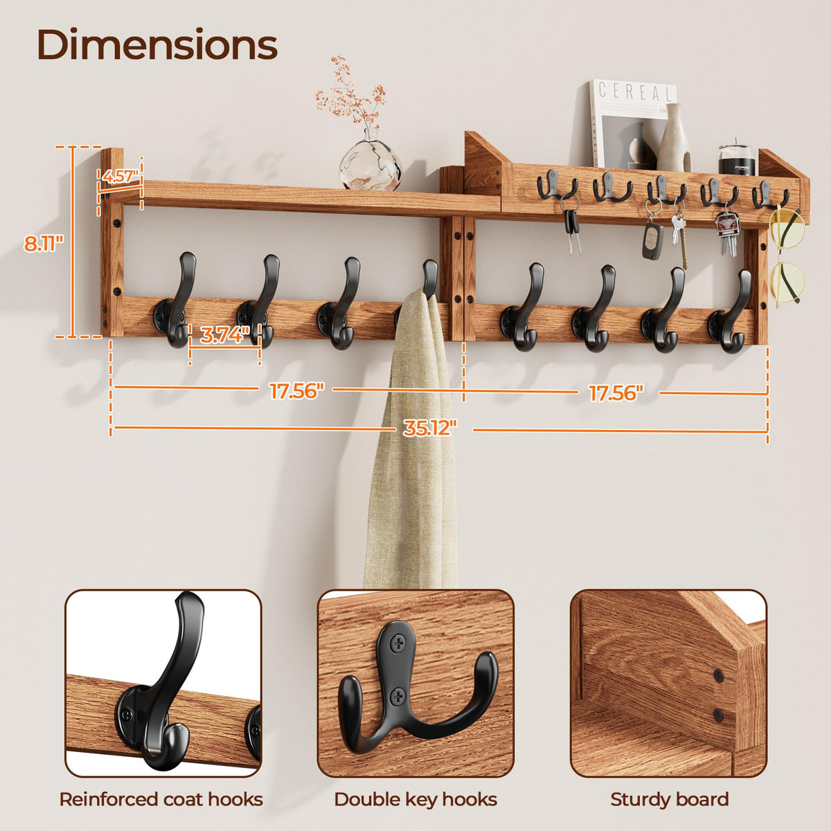 Evermagin wooden coat rack with 13 hooks provides sturdy storage for coats and bags.