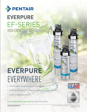 Everpure EV985750 label detail shows 0.5 micron filtration and lead reduction