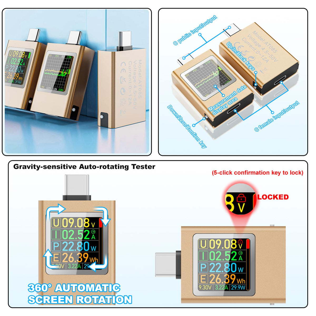 Eversame USB-C power meter rotation feature adjusts screen orientation for easy reading.