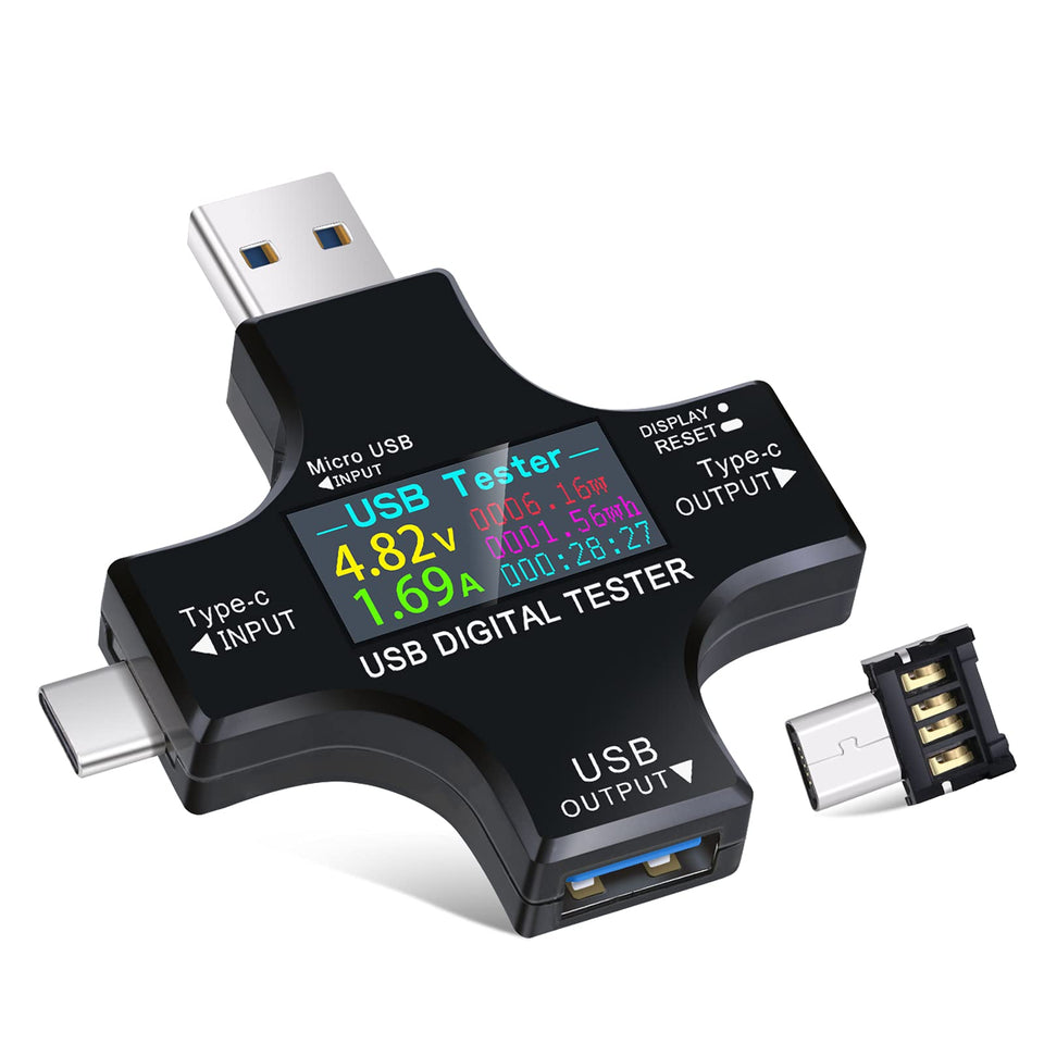 Eversame USB tester front color screen shows quick voltage and current readings.