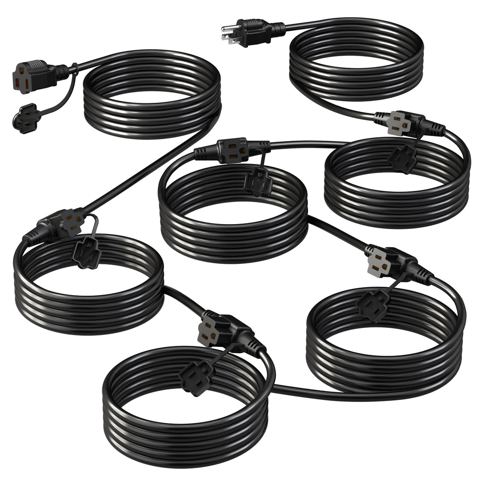 Eversimpleinc black outdoor extension cord unspooled for easy yard lighting setups.
