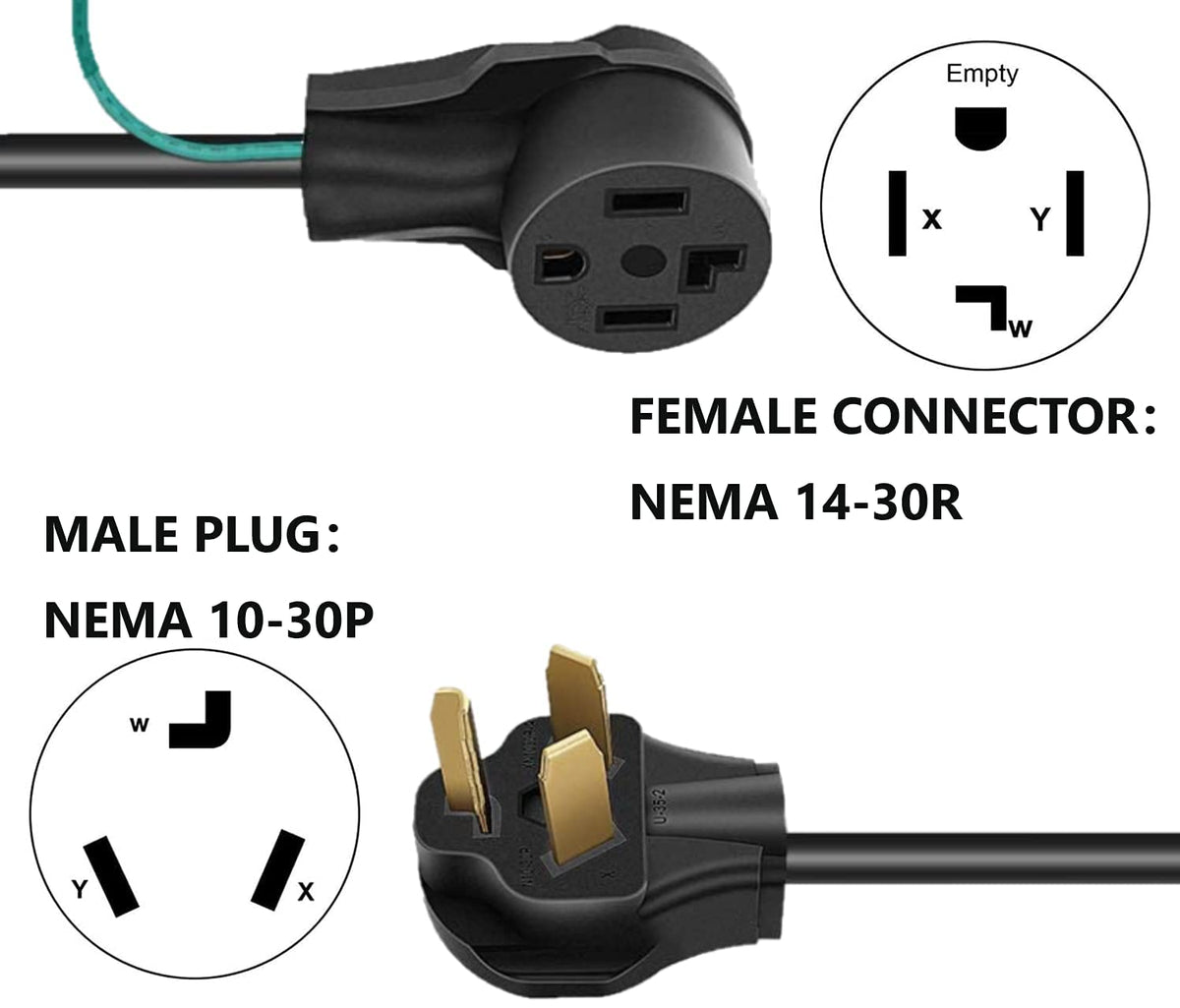 Eversimpleinc NEMA 10-30P to 14-30R connector angled view for older outlet compatibility