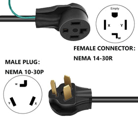 Eversimpleinc NEMA 10-30P to 14-30R connector angled view for older outlet compatibility