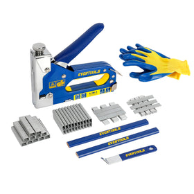 Evertools 4-in-1 staple gun with polished chrome finish; precise control for upholstery and carpentry.