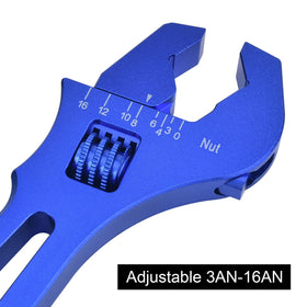 EVIL ENERGY AN wrench blue jaws close-up highlighting precise fit on aluminum fittings
