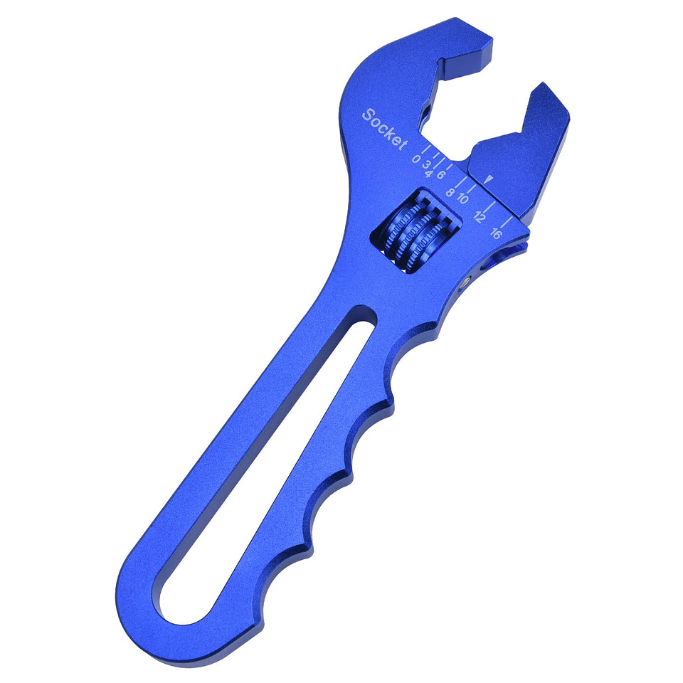 EVIL ENERGY AN hose fitting adjustable wrench blue side view showing multi-AN sizing capability