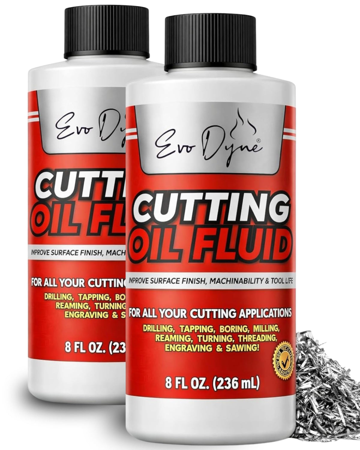 Evo Dyne cutting oil fluid 8oz bottle front for smoother drilling and reduced tool wear.