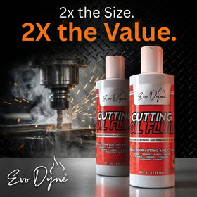 Evo Dyne cutting oil fluid metal-cutting setup reduces friction for cleaner cuts.